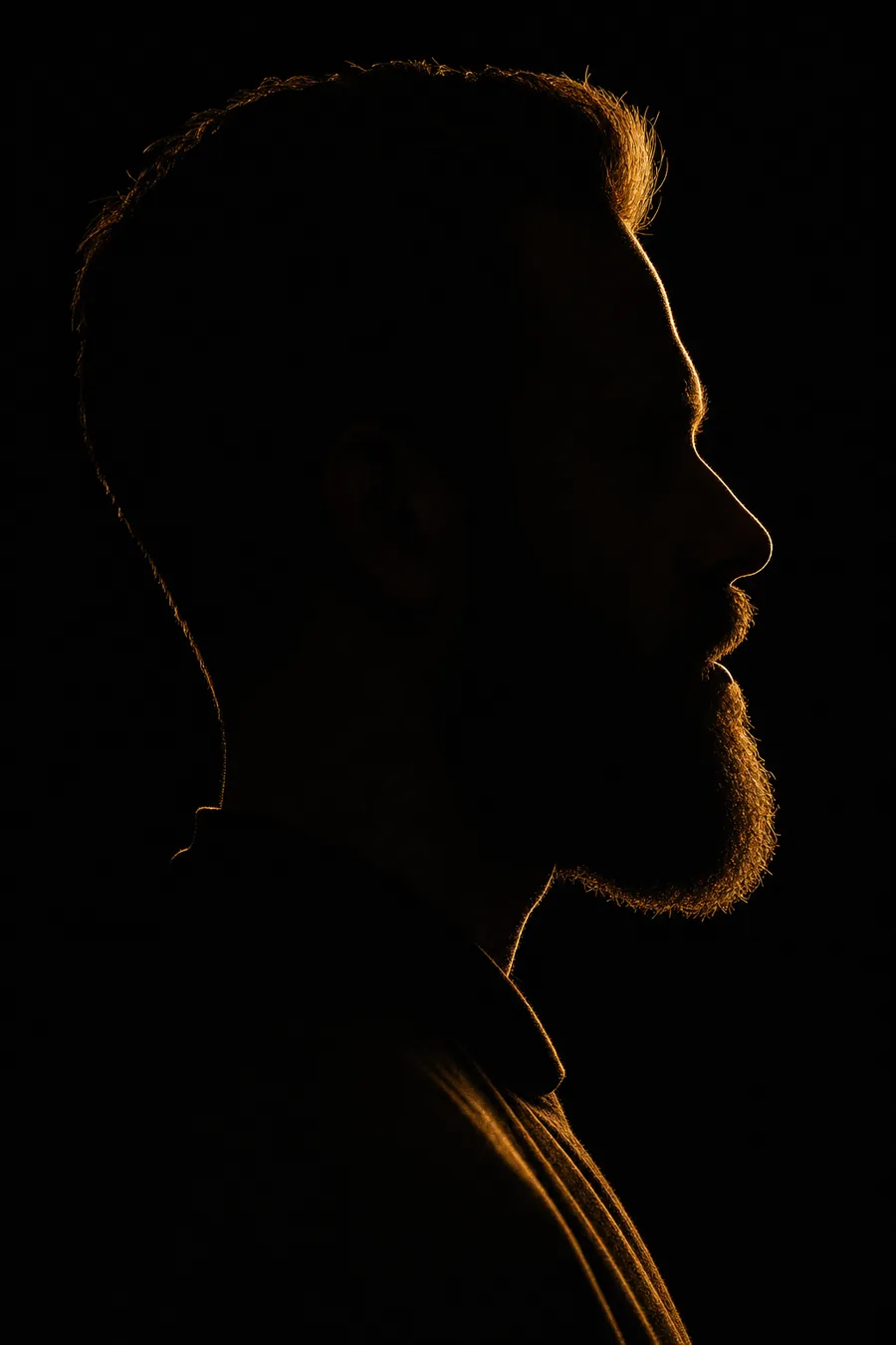 Perfil masculino recortado pela luz quente, usado como base da leitura de rosto